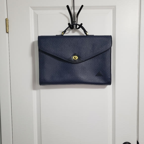 VINTAGE LIZ CLAIBORNE Blue Leather Trim Turnlock Briefcase Messenger Bag - Picture 13 of 16